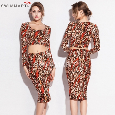 Slim Fit Pattern Two Pieces Stretch Cotton Leopard Sexy Women Tight dress 