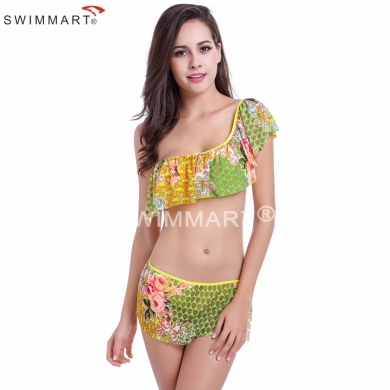 One shoulder Flounced Top Bikini Push up Plus size XXL Mesh Layer Swimsuit