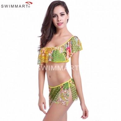 One shoulder Flounced Top Bikini Push up Plus size XXL Mesh Layer Swimsuit