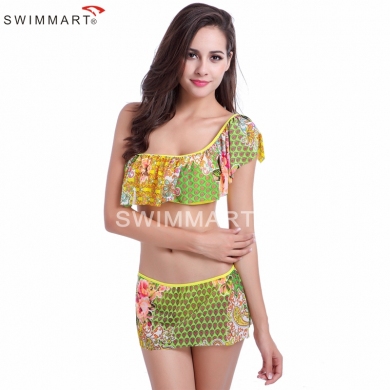 One shoulder Flounced Top Bikini Push up Plus size XXL Mesh Layer Swimsuit