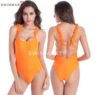 Double Ruffle - shoulders Back Cross - Straps High Cut Large women One Piece Plus size swimsuit