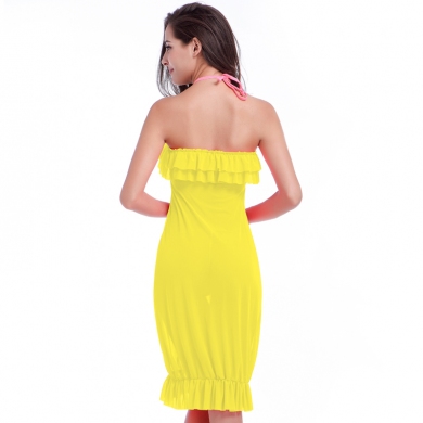 mini Ruffles Flounced Top with neck Halter Sexy Transparent Stretch Mesh Swimming Beach dress