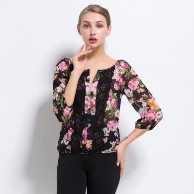 Excellent Original Order Qualitty Sexy Women Light Thin Transparent Three Quarter Chiffon Shirt for Summer Big Hibiscus 