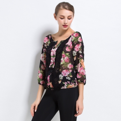 Excellent Original Order Qualitty Sexy Women Light Thin Transparent Three Quarter Chiffon Shirt for Summer Big Hibiscus 
