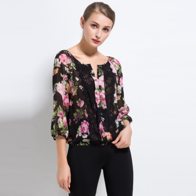 Excellent Original Order Qualitty Sexy Women Light Thin Transparent Three Quarter Chiffon Shirt for Summer Big Hibiscus 