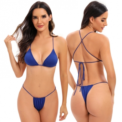 Extreme Thong Swimsuit Brazilian Bikini Mini Bottom T String Bathing Suit Long Halter Royal Blue Swi...